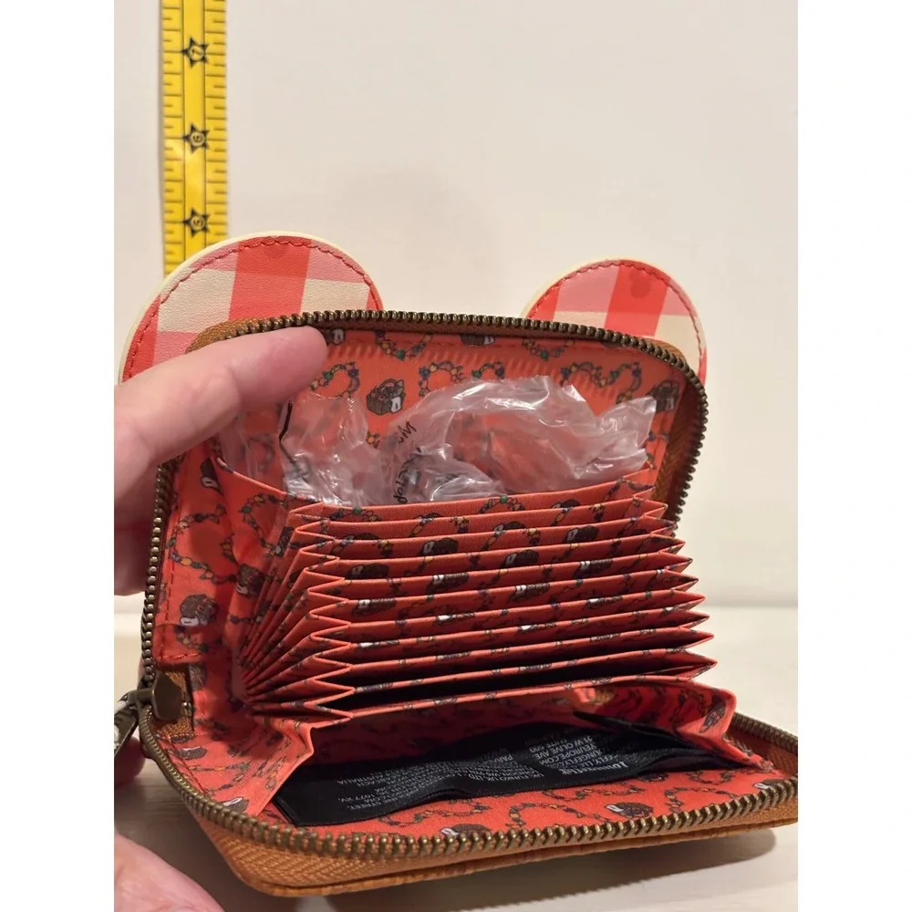Loungefly Disney Mickey Mouse Picnic Card zip Wallet Brown Pink Gingham NWT